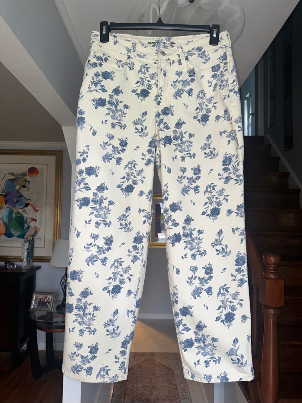 Old Navy OG Loose High Rise Blue Cream Floral Toile Jeans Sz 8P